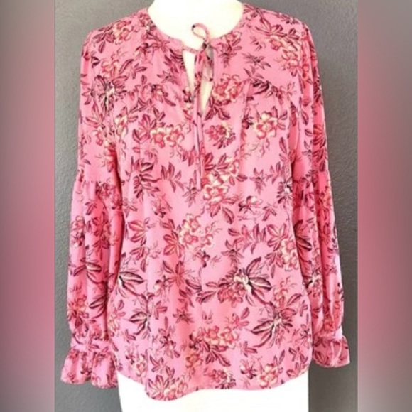 Loft Floral Ruffle Tie Neck Top Blossom Blouse Pink Floral Career and Casual - Picture 3 of 11